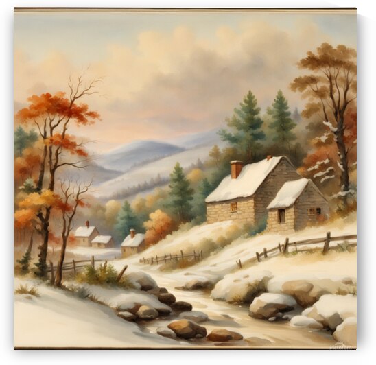 Beautiful colorful snowy hilly rural landscape without people small houses fence road stream some pine style Asher brown Durand watercolor. by AIGALLERY