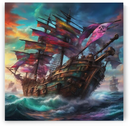 realistic fANTASY Large Pirate Ship Multi colored sails pirates turbulent seas colorful crazy wild lookin sky skull and cross bone flag Cyberpunk style by AIGALLERY