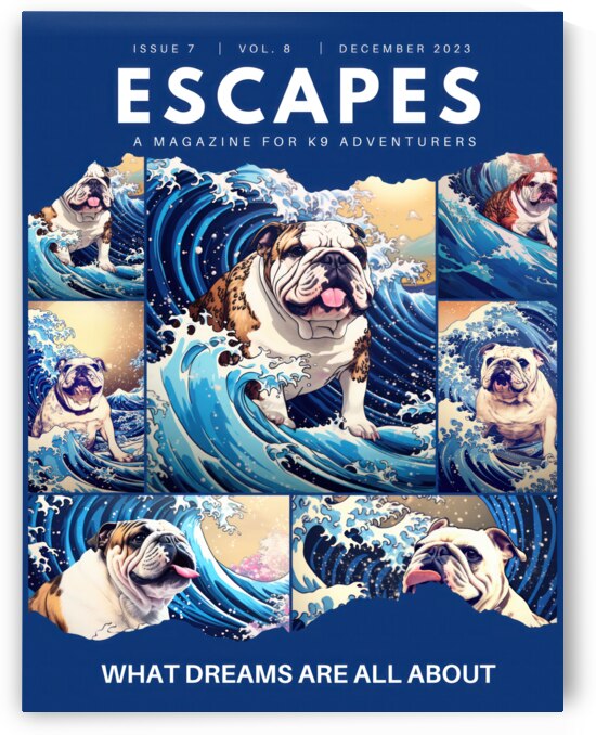 Adventure Magazine Cover with Surfing English Bulldog Poster-Blue by Raquel Manteiga