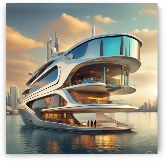 realistic futuristic super yacht 3-4 level large glass windows people very colorful late afternoon cityscape in background  Dali style by AIGALLERY