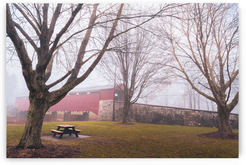 Wehrs Covered Bridge and Trees in  December Fog by Jason Fink