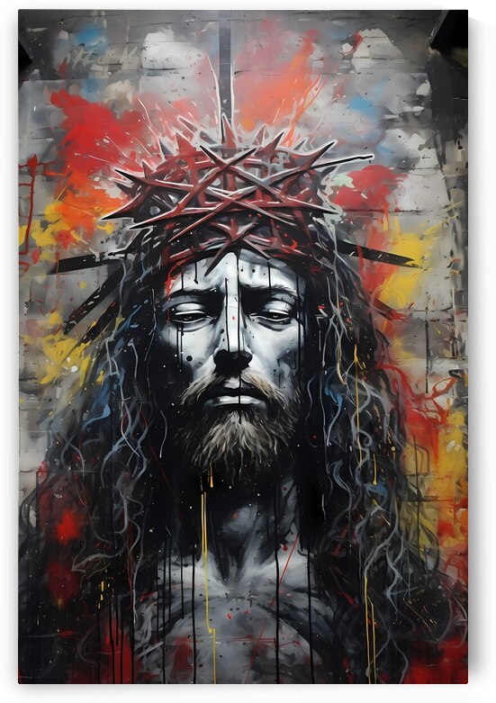 Divine Resilience: Graffiti Portrait of Jesus with Crown of Thorns by Thy Art Studios