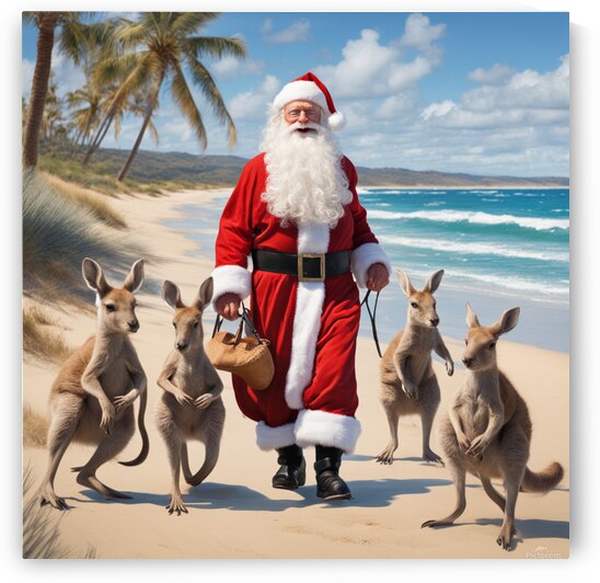 Joyful santa claus with his 6 kangaroos holding bag walking along sandy beach Australia azure skies rolling ocean waves palm trees by AIGALLERY