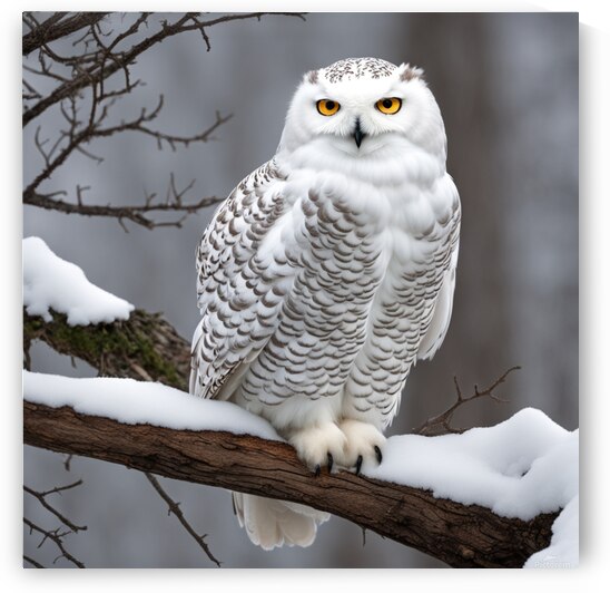 Snowy owl sitting on tree branch hauntingly beautiful piercing eyes  by AIGALLERY