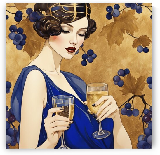 ART DECO STYLE Beautiful photorealistic girl drinking champagne   WINE GRAPE LEAF Gustav Klimt GOLD ROYAL BLUE  Watercolor style by AIGALLERY