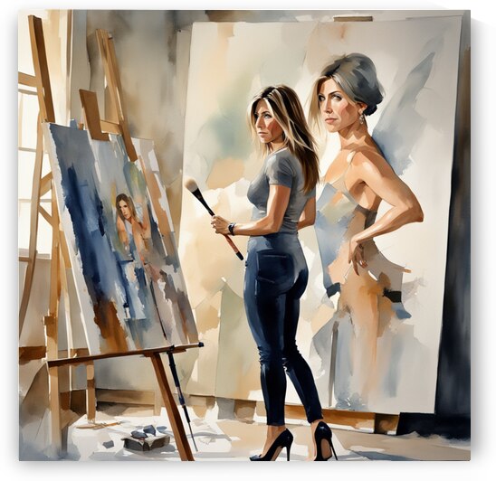 Jennifer Aniston is standing in a painting studio working on a beautiful new painting. Shes holding a brush wearing a sexy bodysuit and high heels. Watercolour painting in the style of Thomas Wells Schaller. Cubism style by AIGALLERY