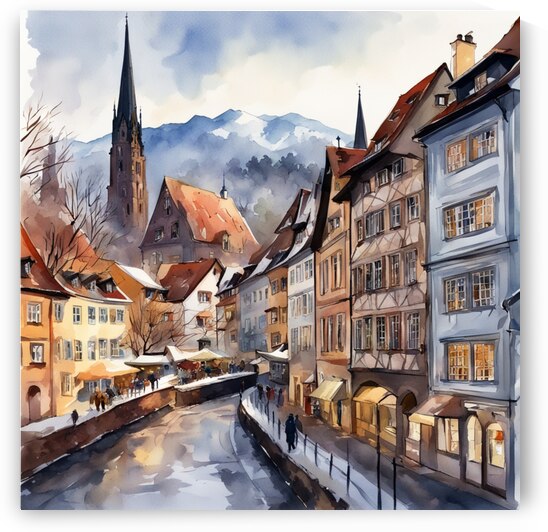 The beautiful town of Freiburg on a winter day. Wiehre is a residential district at the edge of Freiburg im Breisgau located southwards and across the River Dreisam from the Old City. Digital illustration comic book style dynamic highly detailed watercolo by AIGALLERY