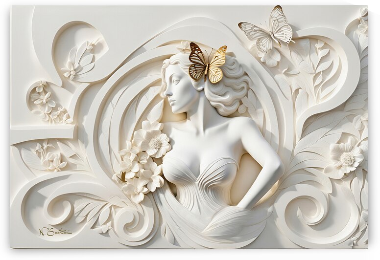 Woman with Butterfly decorative 3d relief sculpture  floral abstract wall art print by Nazan Saatci Art by Nazan Saatci