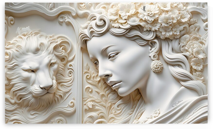 Woman with Lion decorative 3d relief sculpture  wall art print by Nazan Saatci Art by Nazan Saatci