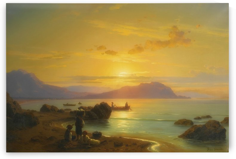 Sunny sea view with boats and figures by Max Schmidt