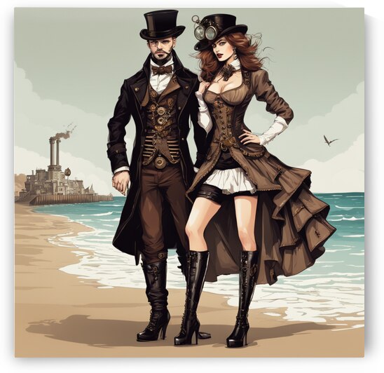Sexy steampunk fashion on the beach. The lady in very mini skirts and extra deep décolleté and in stilettos. The man in long jackets and long boots and top hats. Illustration style by AIGALLERY