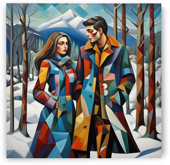 A beautiful cubist painting in style of Picasso and Marlina Vera. The painting shows a young couple dressed in extravagant streampunk fashion in an winter forest among large trees snowy and rocky mountain peaks can be seen in the distance. Young and prett by AIGALLERY