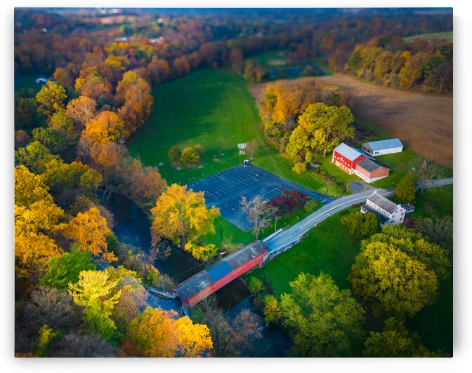 Aerial Fall Landscape Manassas Guth Covered Bridge by Jason Fink