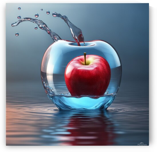 A perfect transparent red glass apple floating on the gentle waves of a beautiful blue ocean water splashing up droplets running down the glass. concept art extremely detailed digital art beautiful wallpaper award winning high definition crisp quality acc by AIGALLERY