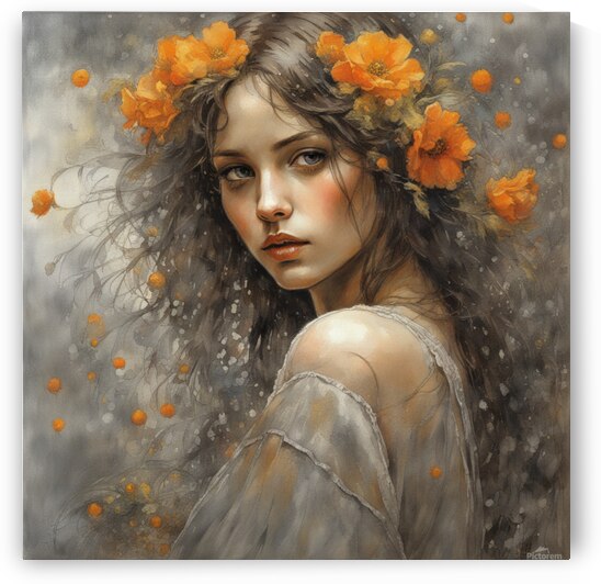 Young woman with orange and yellow flowers big brown eyes beautiful and magical soft silver glitter: style by Steve Hanks and Jean Baptiste Monge fantasy intricate very attractive beautiful ultra detailed Steve Hanks Iridescent  Jeremy Mann Jean Baptiste  by AIGALLERY