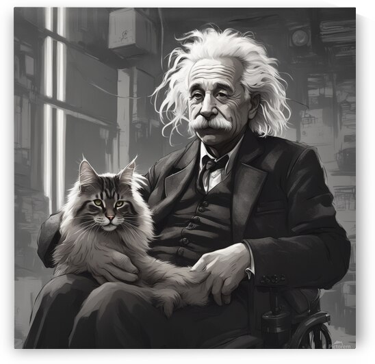 Einstein petting a Maine coon cat Cyberpunk style by AIGALLERY