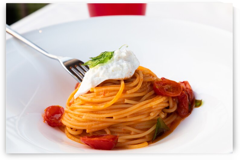 Italian pasta - spaghetti with mozzarella cheese closeup medite by Paolo Modena
