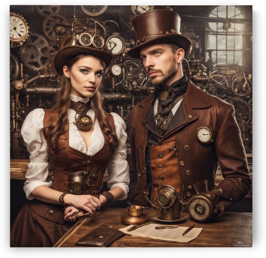Steampunk is a young woman and a steampunk man in the cafe by AIGALLERY
