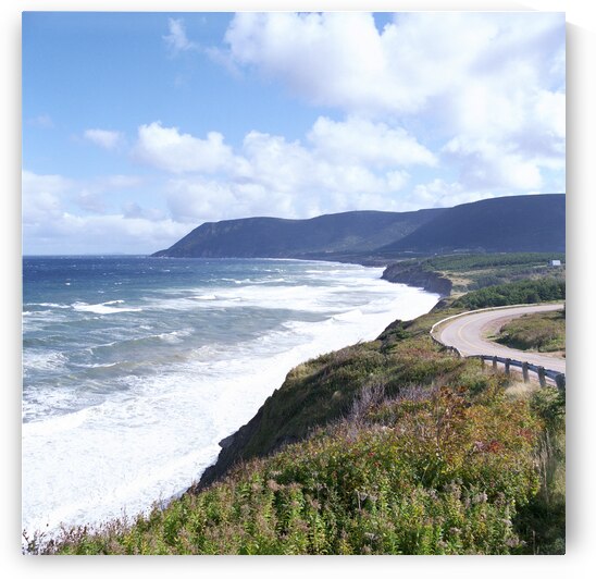 Road along shore with waves and mountains behind by Atelier Knox