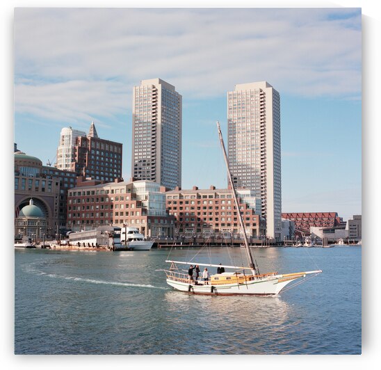 Sailboat floating by harbour with city skyline by Atelier Knox