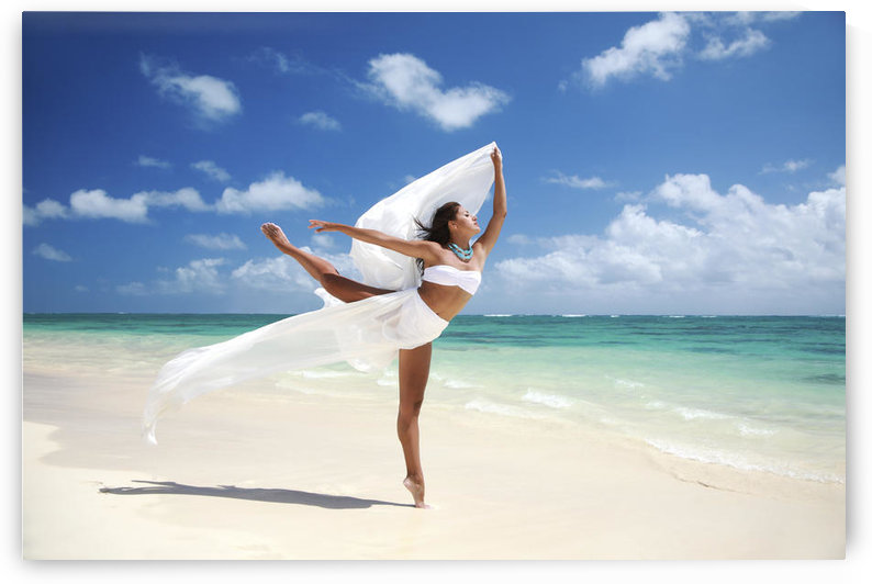 Hawaii, Oahu, Lanikai Beach, Beautiful Female Ballet Dancer On Beach With White Flowing Fabric. by PacificStock