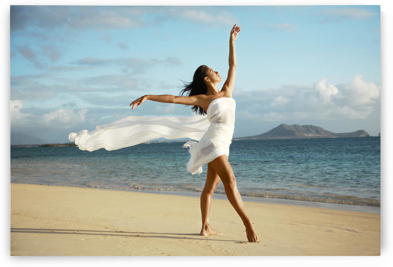 Hawaii, Oahu, Lanikai Beach, Beautiful Female Ballet Dancer On Beach Wearing White Flowing Fabric. by PacificStock
