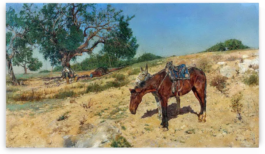 People and horses resting by Jose Moreno Carbonero