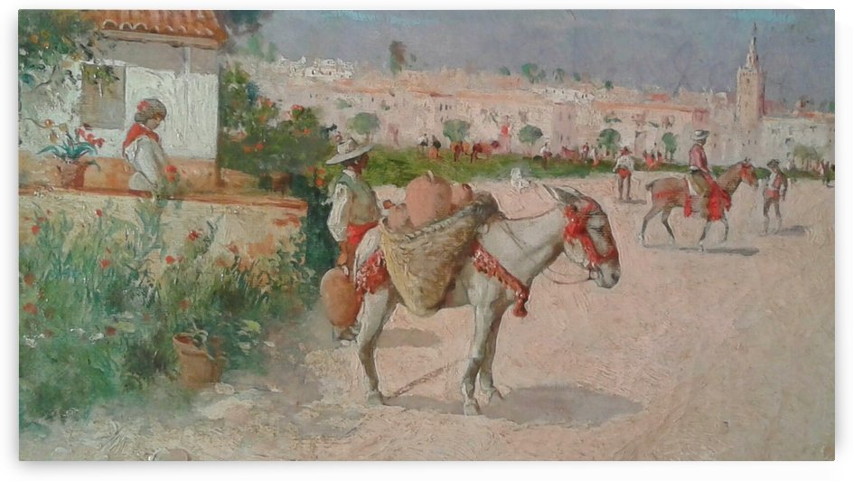 Scene with people and horses outside the city by Jose Moreno Carbonero