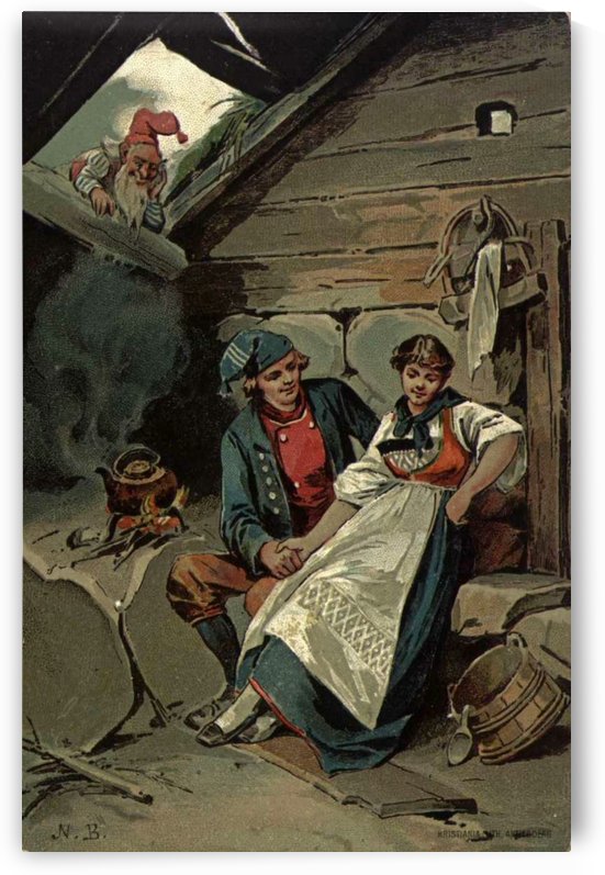 A dwarf spying on a young couple by Nils Nilsen Bergslien