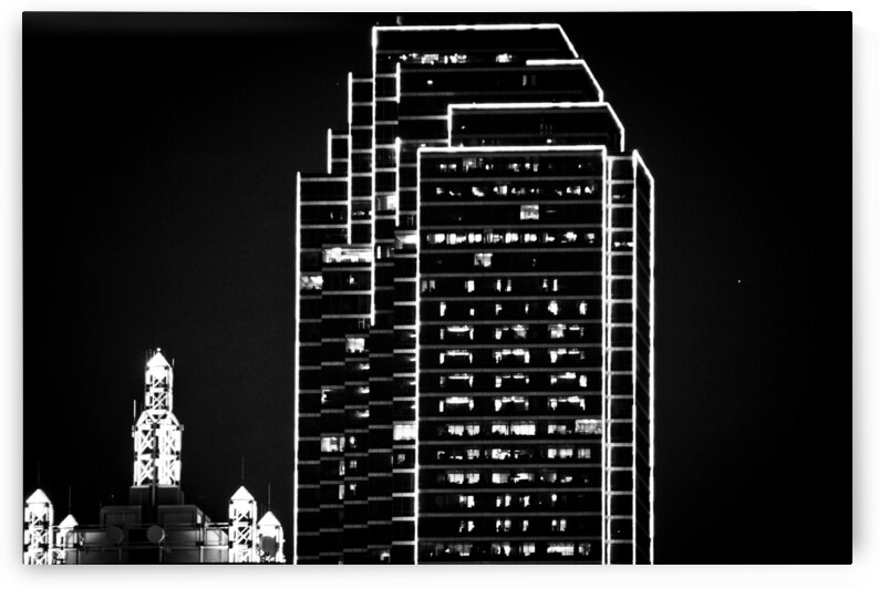 neon green outline bank of america building  hori by Black And White