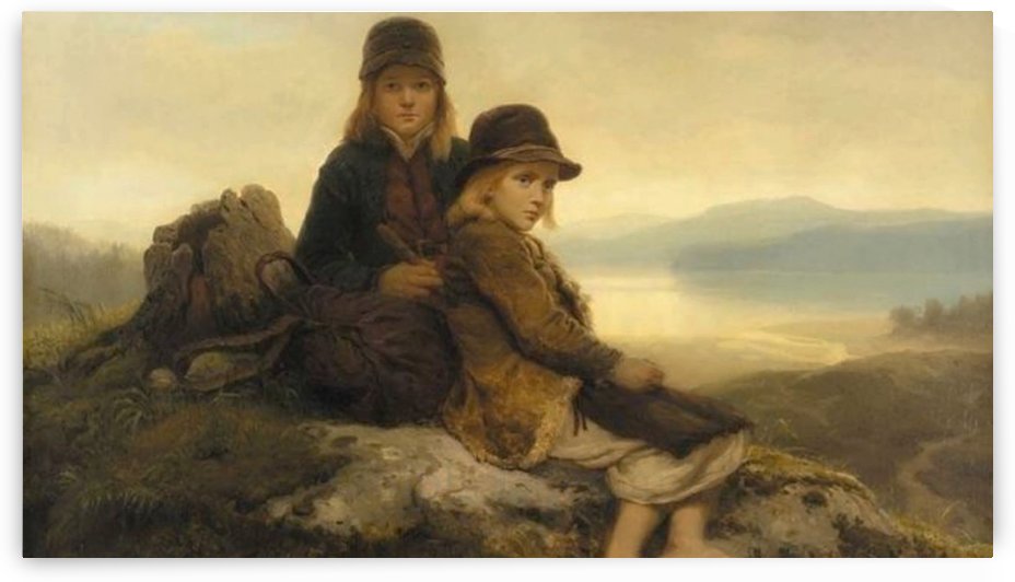Two children climbing the mountain by Adolph Tidemand