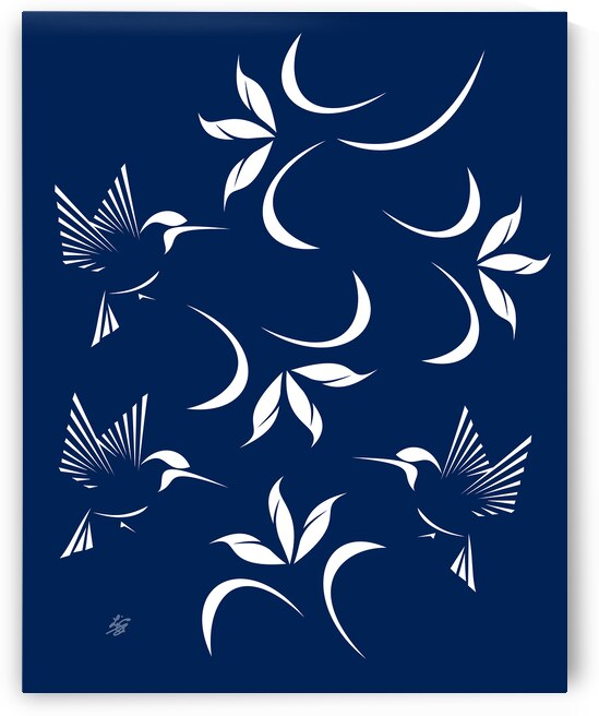 Hummingbird Pattern On Navy Blue Background by Liz Cereby