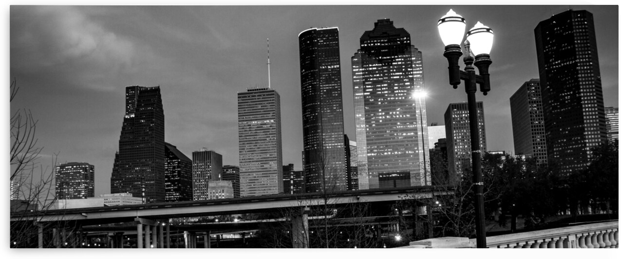 houston skyline at night sabine bridge  panoramic by Black And White