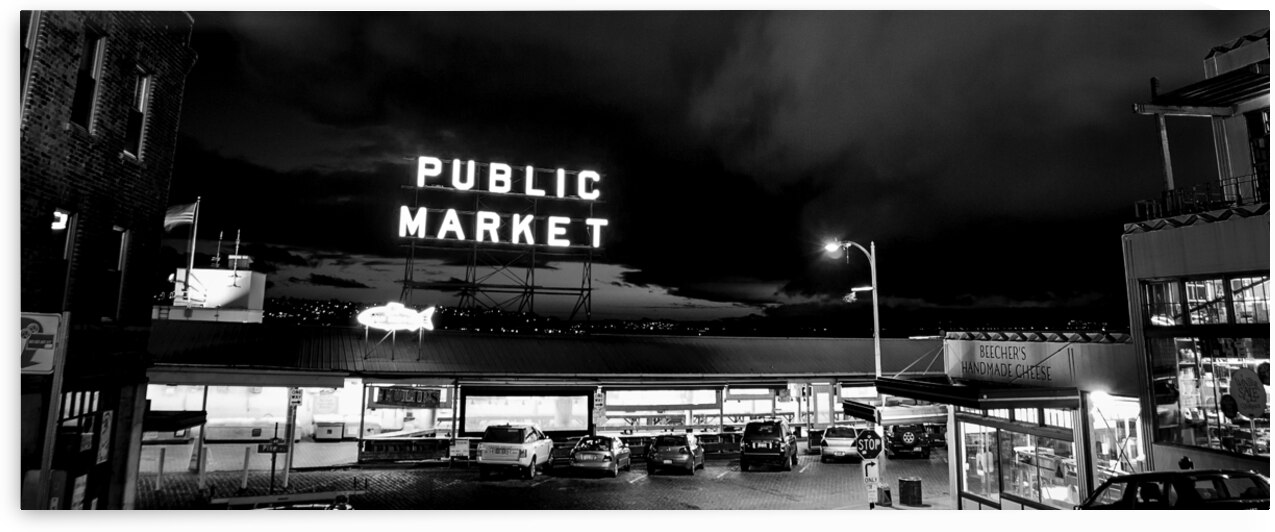seattle public market sign  panoramic 293 Beecher by Black And White