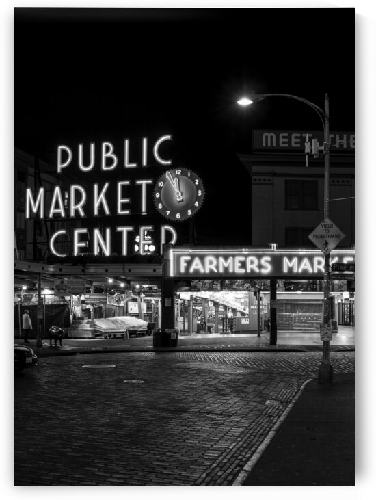 pike place public market at night  vertical 2710 by Black And White