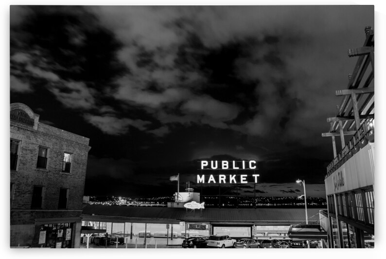 seattle public market sign at night  horizontal 3 by Black And White