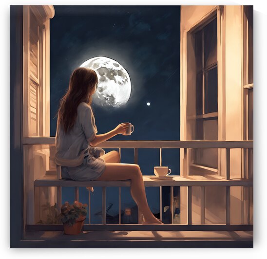 A girl sits on her balcony looking at the moon with a cup of coffee in her hands by taher00