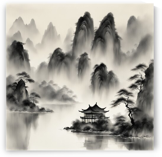 Chinese mountains shrouded in mist traditional ink wash landscape painting distant peaks fading into soft white fog foreground with sharp cliffs and a serene lake reflecting the subtle gradations of grey willow trees gently arching over the waters edge a  by AIGALLERY