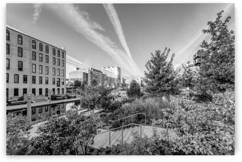 Contrails Over Gene Leahy Mall Park Grayscale by Jennifer White