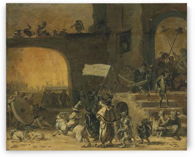 A hoard of creatures with the Seven Deadly Sins, before a tavern by Cornelis Saftleven