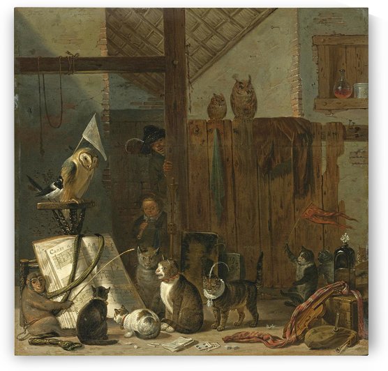 A concert of cats owls a magpie and a monkey in a barn by Cornelis Saftleven