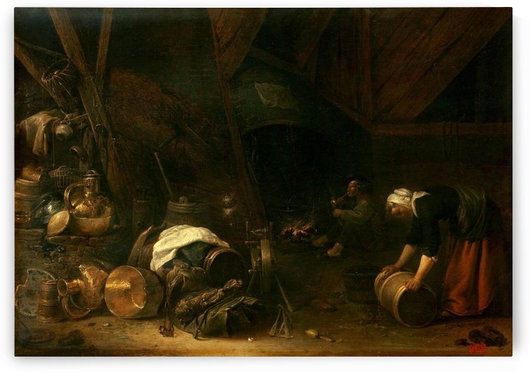 Interior with man smoking and woman working, 1634 by Cornelis Saftleven