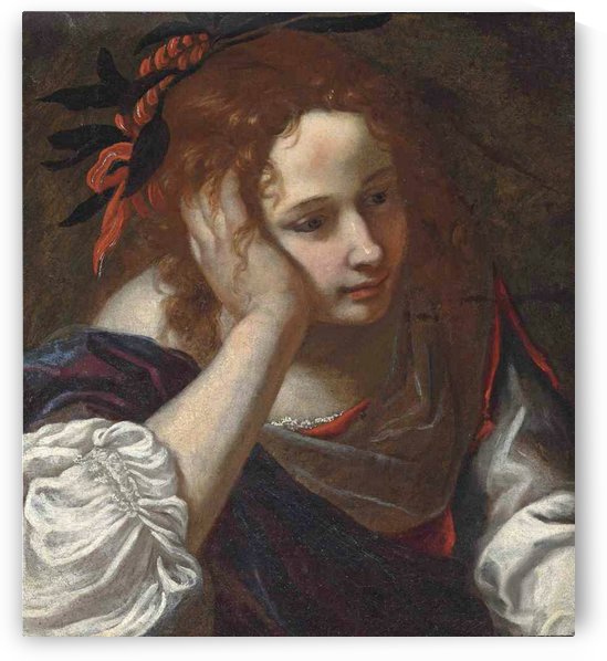 A young girl in a red dress with a purple cloak, her head resting on her hand by Jacopo Vignali