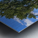 Beef cows rest in the shade of the barn roof under a blue sky with fluffy white clouds in the summer in the North Okanogan; British Columbia, Canada Metal print