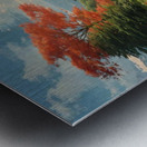 A serene painting depicting a mountain stream surrounded by vibrant red trees capturing the beauty of nature. Metal print