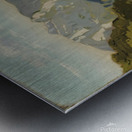 a rustic painting of a landscape with a serene la Metal print