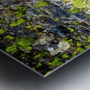 Rustic garden scene with wooden chairs and vibrant flowers Metal print