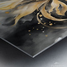 A swirling abstract floral composition painted in vibrant watercolor tones of gold and deep charcoal. The flower-like form bursts with movement featuring delicate tendrils and splashes of shimmering pigment. Points of light flicker throughout the dark bac Metal print