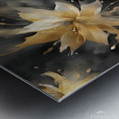 A swirling abstract floral composition painted in vibrant watercolor tones of gold and deep charcoal. The flower-like form bursts with movement featuring delicate tendrils and splashes of shimmering pigment. Points of light flicker throughout the dark bac Metal print