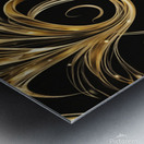 A swirling abstract design featuring vibrant golden and dark black elements creating a dynamic flower-like shape. Delicate elongated tendrils extend outward interspersed with bright shimmering points of light against a dark background conveying a sense... Metal print